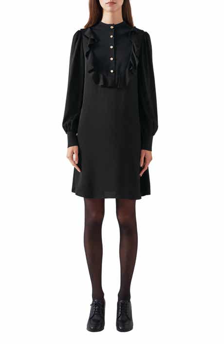 Daisy Ruffle Detail Long Sleeve Crepe Shift Dress