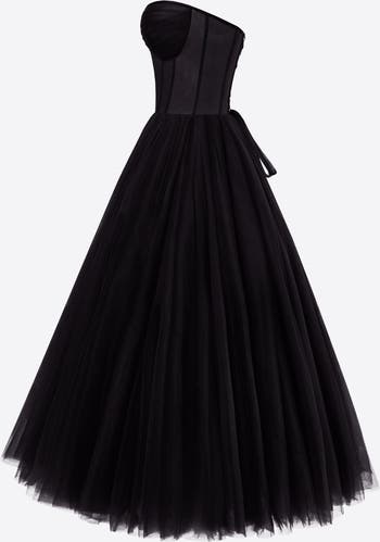 Black Strapless Puffy Midi Tulle Dress