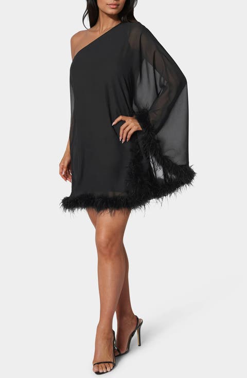 One Shoulder Feather Cape Dress