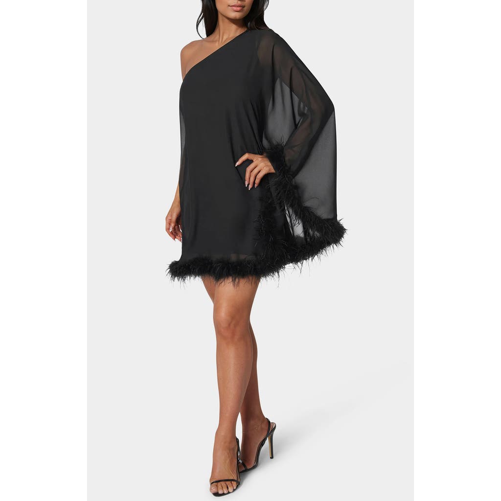 Bebe One Shoulder Feather Cape Dress In Black