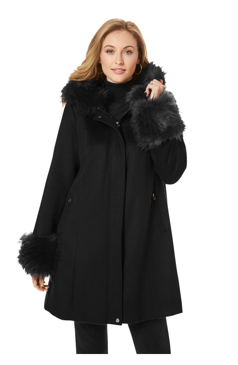 Jessica London Hooded Faux Fur Trim Coat, Main, color, Black