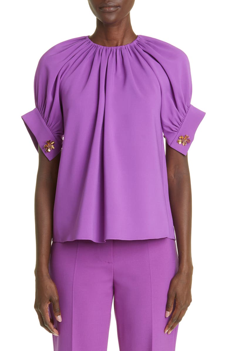 Oscar de la Renta Gathered Stretch Silk Blouse, Main, color, 