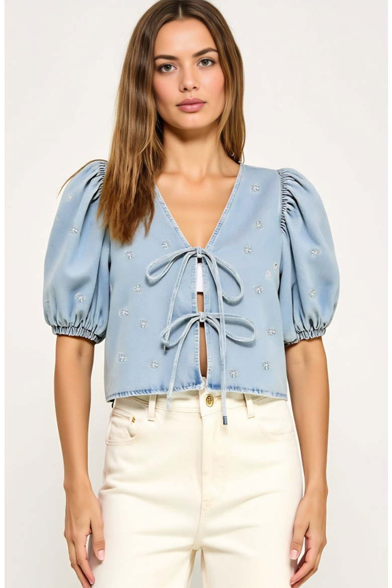 Embroidered Bow Puff Sleeve Top with Front Tie Detail and V-Neckline, Main, color, Light Blue