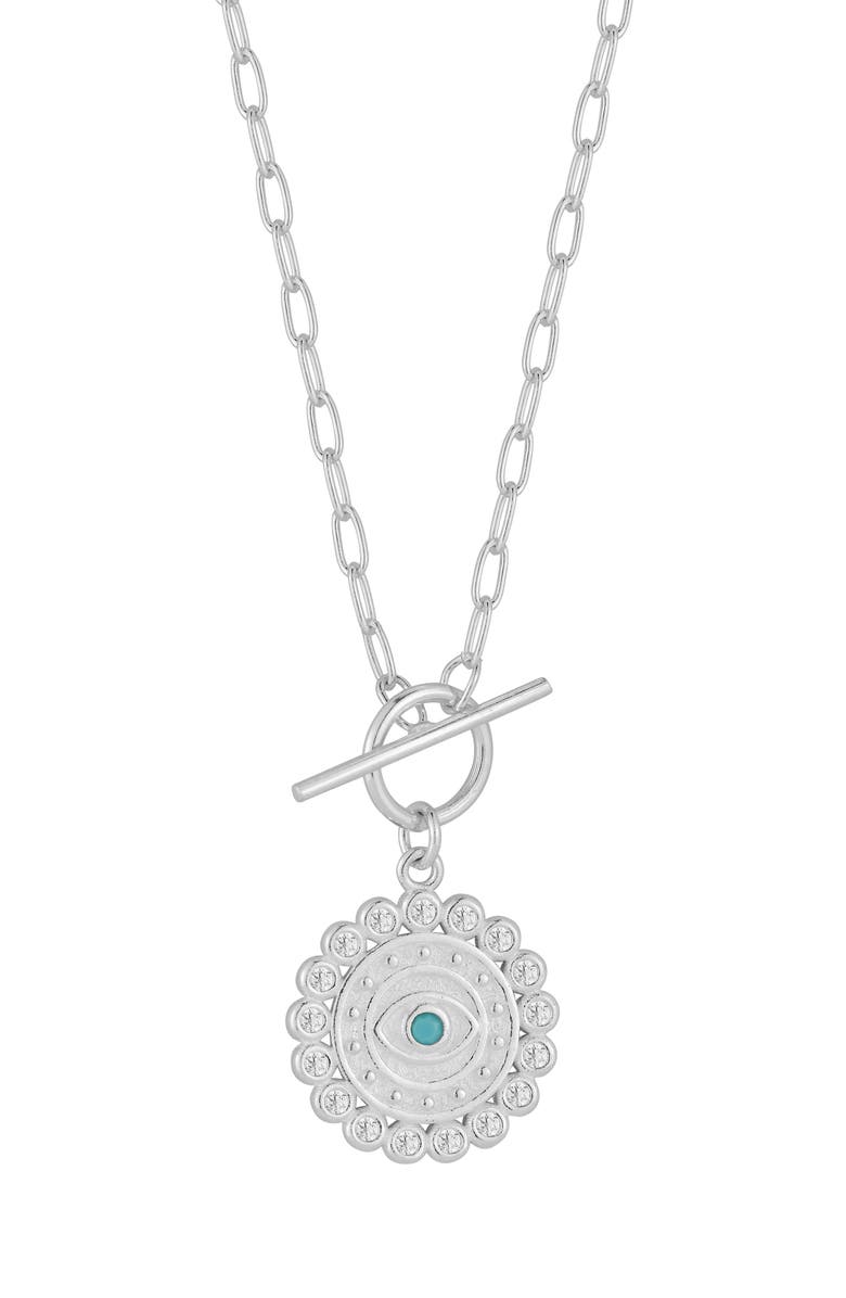 SPHERA MILANO Rhodium Plated Sterling Silver CZ Evil Eye Pendant Necklace, Main, color, Silver