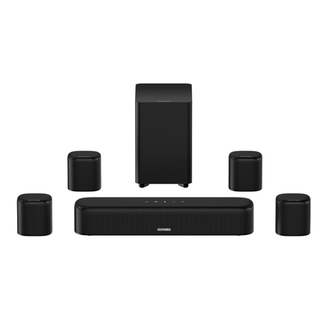 aura a60 7.1ch sound bar with Dolby Atmos, subwoofer, 4 surround speakers, app control, HDMI eARC