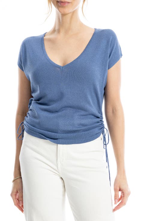 Side Ruched Short Sleeve V-Neck Sweater