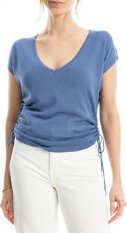 MAX STUDIO Side Ruched Short Sleeve V-Neck Sweater