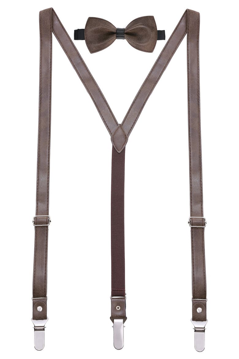 Genuine Leather Y-Back Suspenders & Bow Tie Set, Main, color, Suede Dark Brown