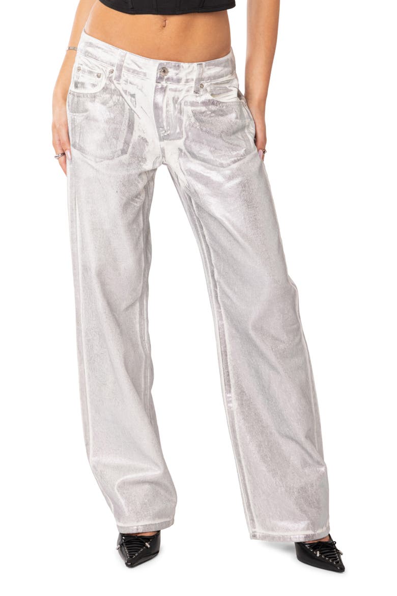 Jolene Metallic Straight Leg Jeans, Main, color, SILVER
