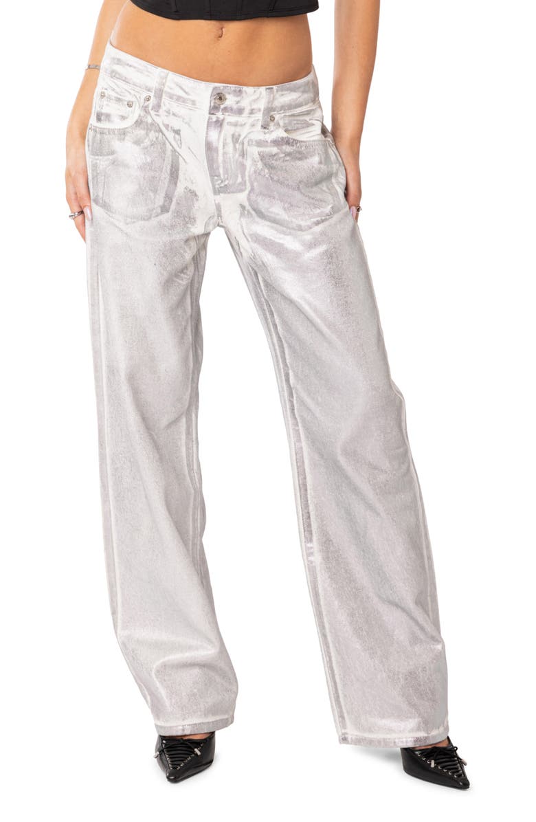 EDIKTED Jolene Metallic Straight Leg Jeans, Main, color, Silver
