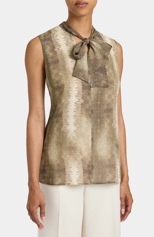 Santorelli Teca Printed Georgette Sleeveless Tie Neck Blouse In Brown
