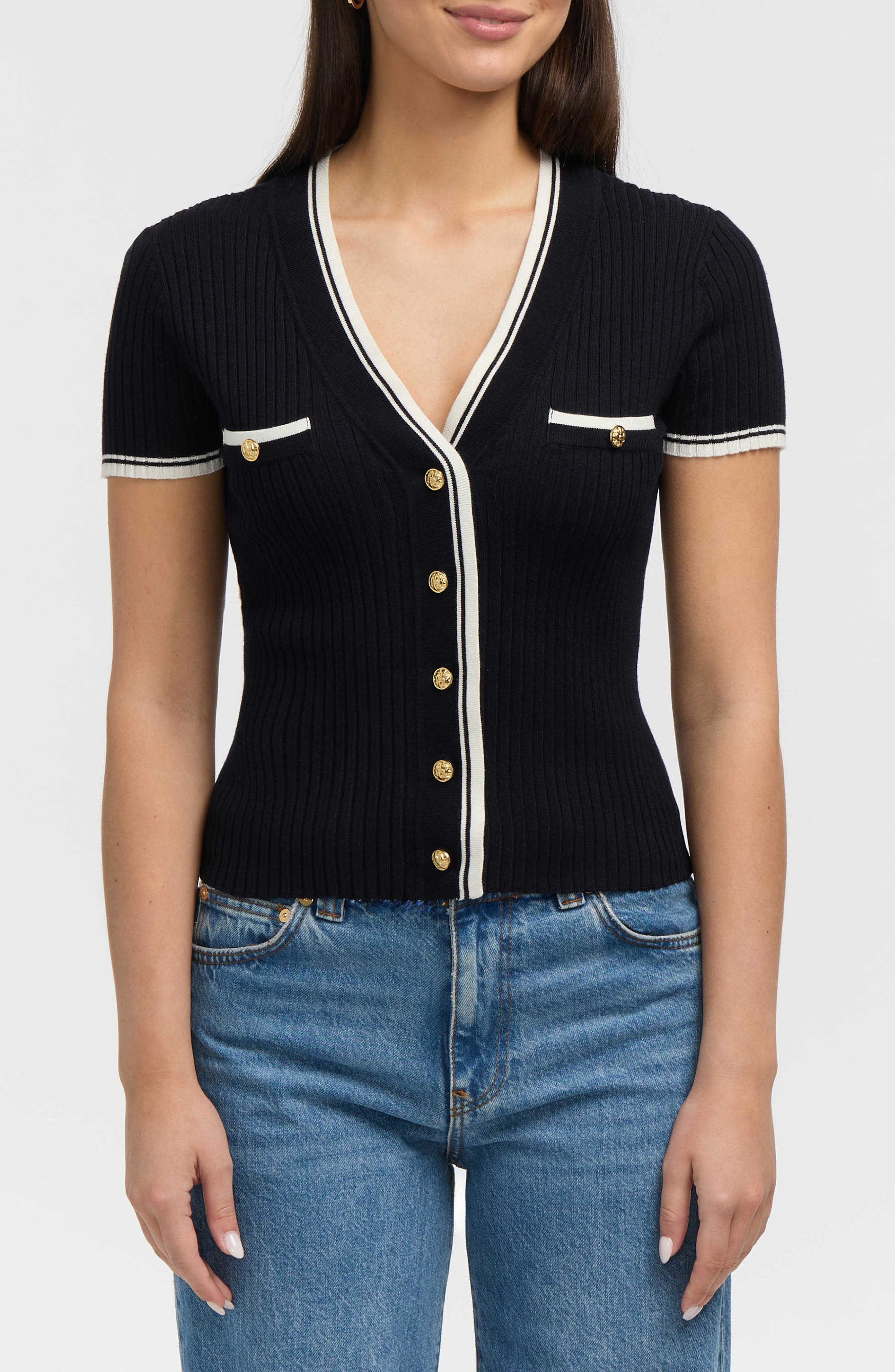 NVLT Stripe Short Sleeve Crop Cardigan