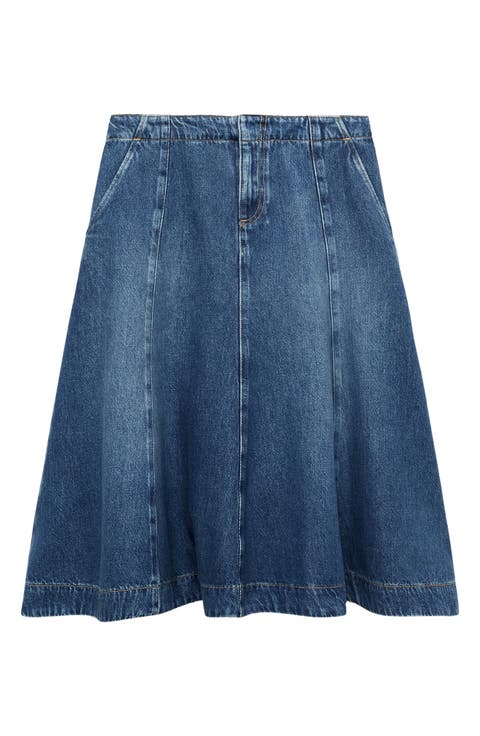 Paneled Flared Denim Skirt