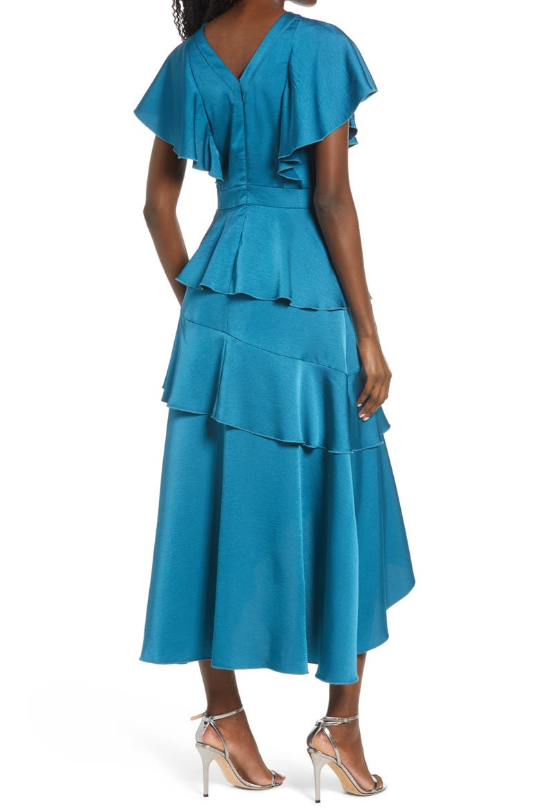 Tiered Satin Midi Dress, Alternate, color, BLUE MULTI