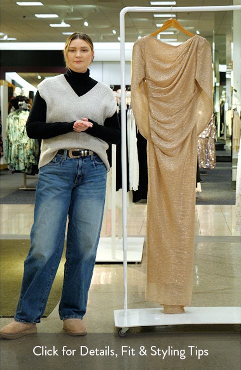 Crinkle Metallic Cape Sleeve Gown, sales video thumbnail