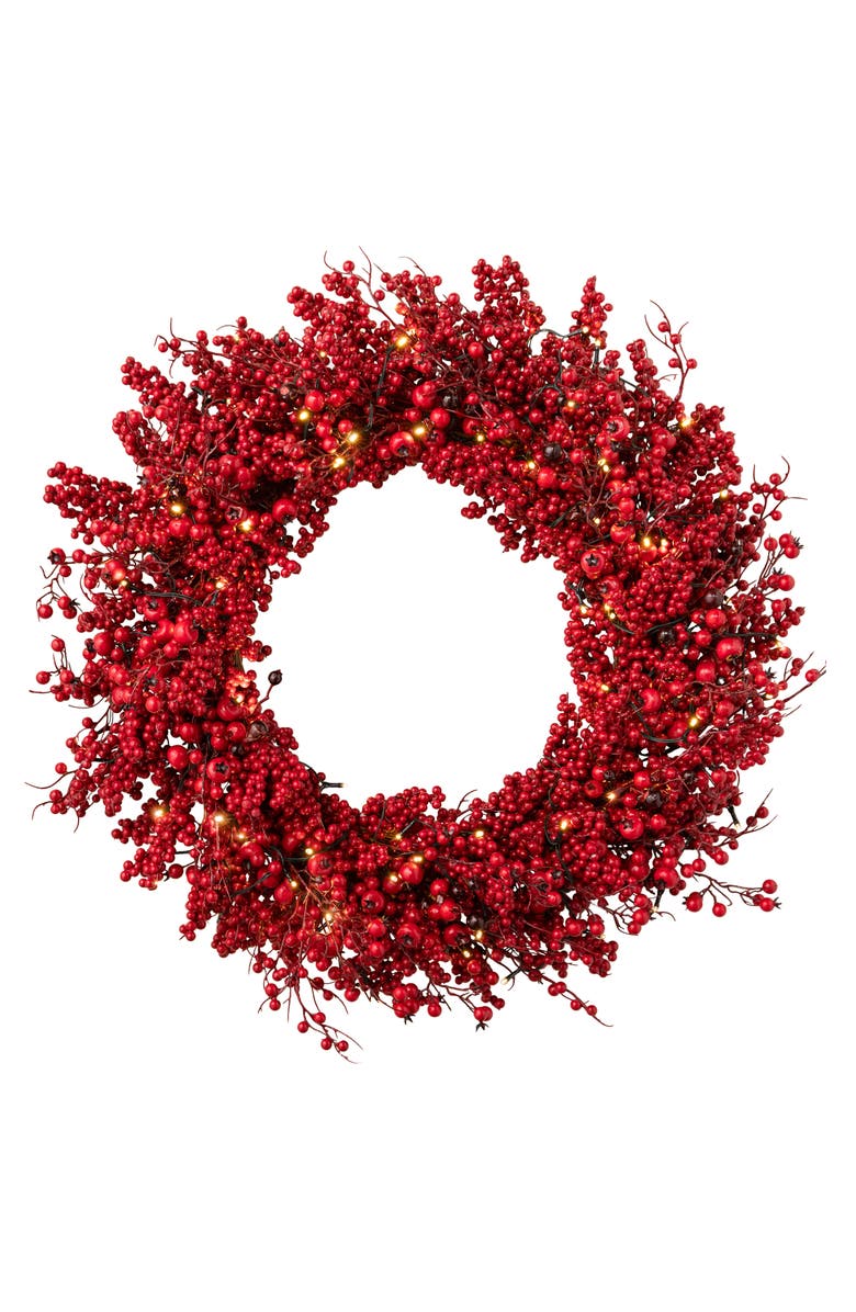 Balsam Hill Festive Pre Lit Red Berry Wreath, Main, color, 