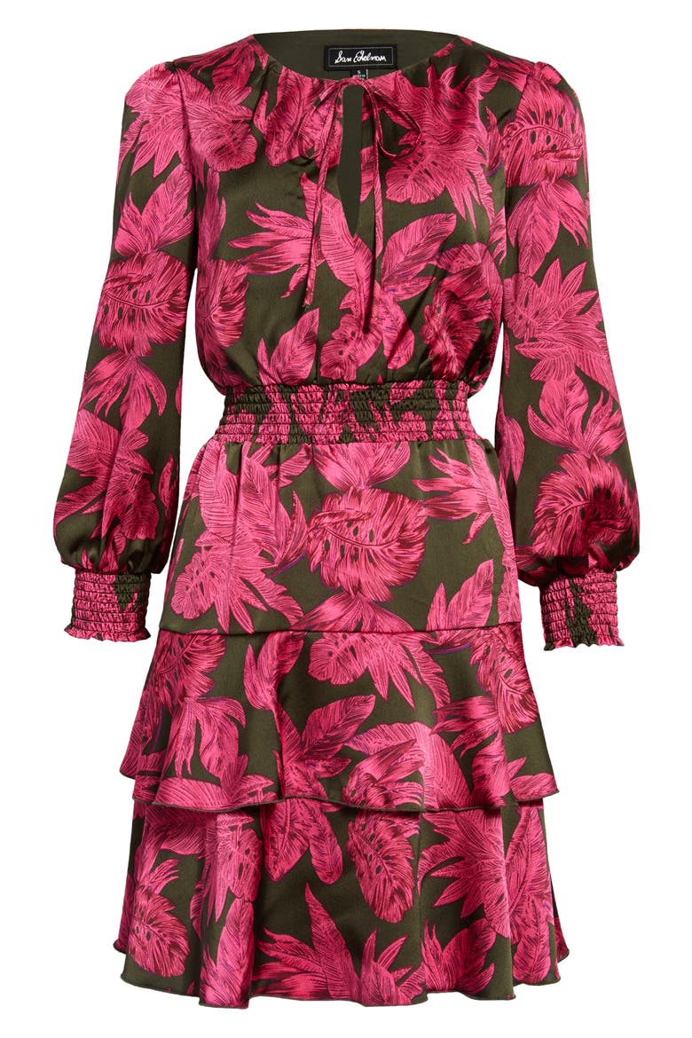Winter Palm Long Sleeve Smocked Waist Minidress, Alternate, color, MAGENTA MULTI