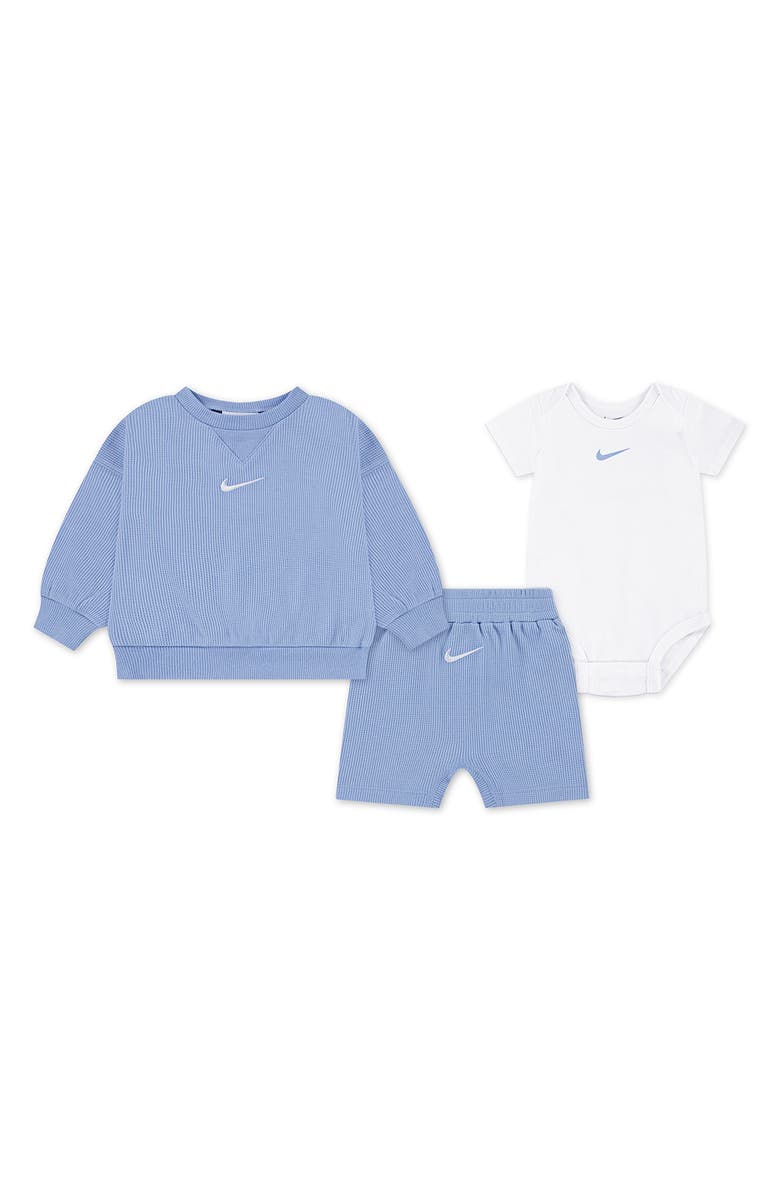 Nike Essentials Sweatshirt, Shorts & Bodysuit Set, Main, color, Cobalt Bliss
