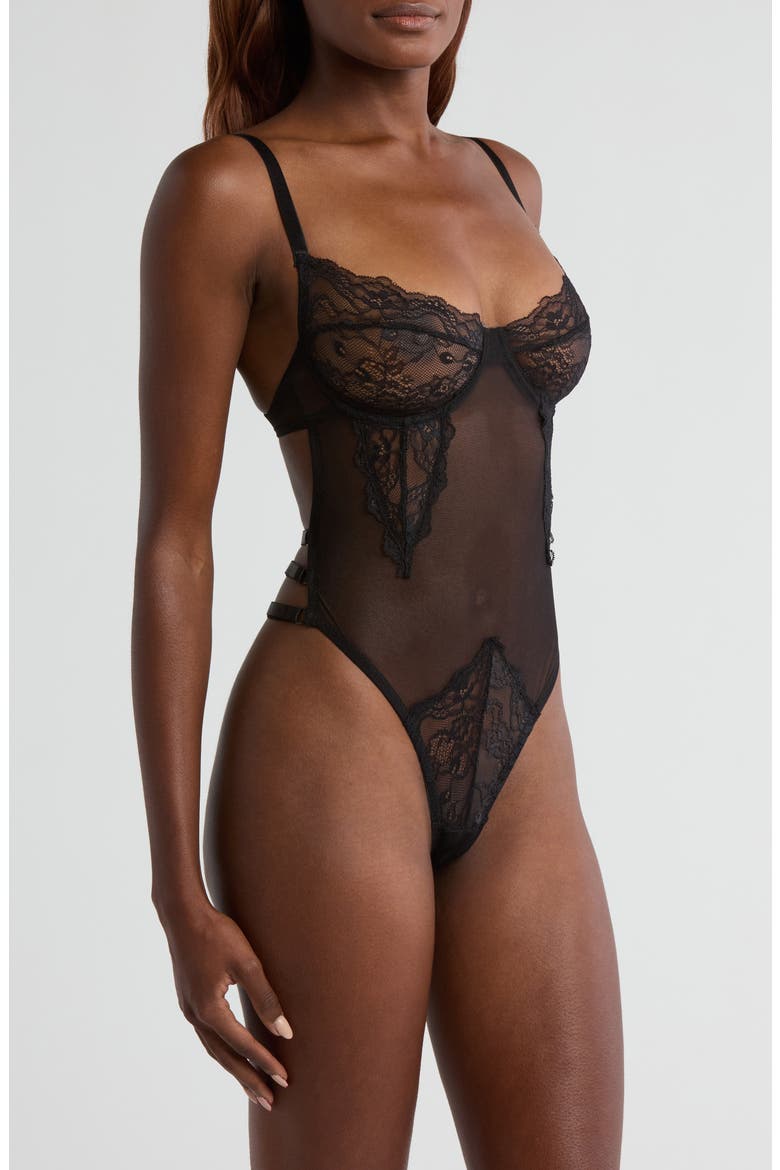 Underwire Lace & Mesh Teddy, Alternate, color, BLACK