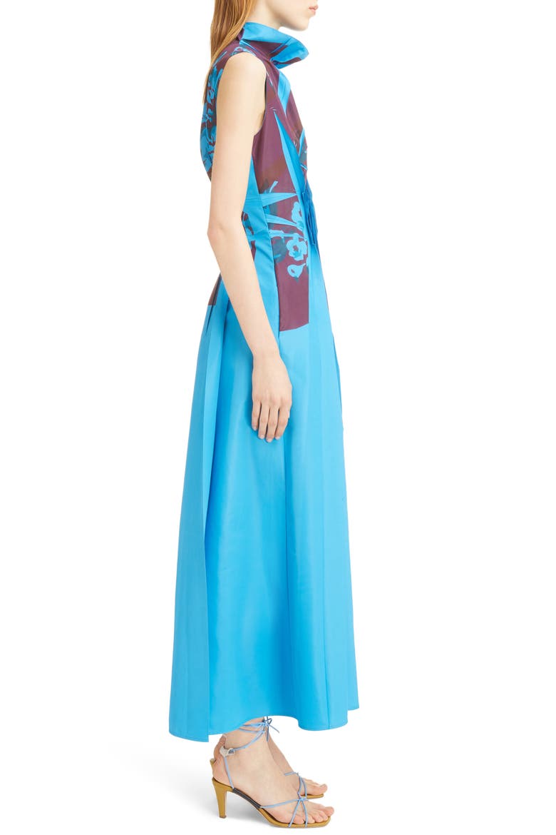 Floral Print Ruffle Collar Pleated Dress, Alternate, color, AZURE