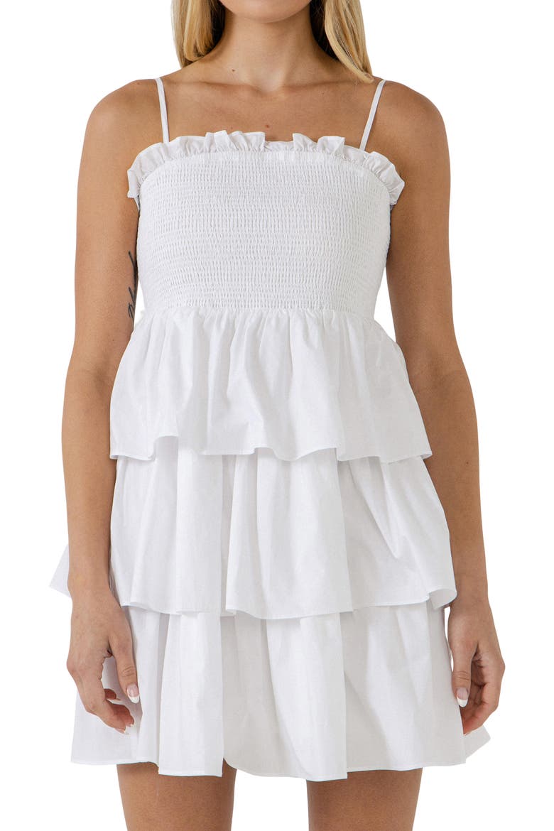 Smocked Tiered Cotton Minidress, Alternate, color, WHITE