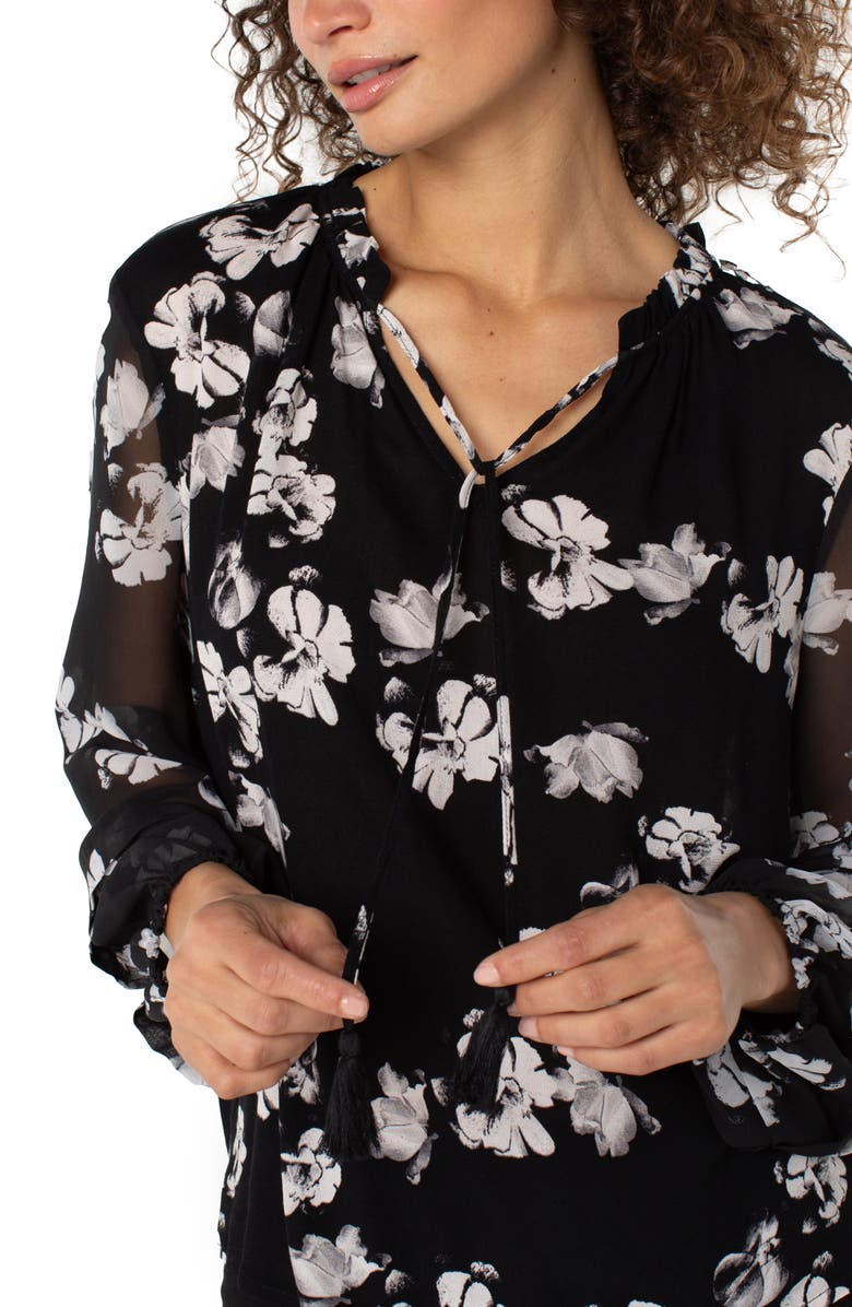 Liverpool Los Angeles Shirred Woven Popover Top, Alternate, color, Black White Floral