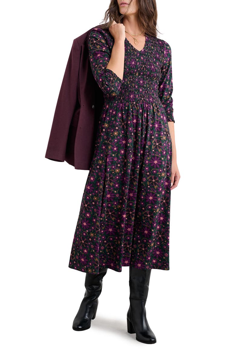 Sea Sound Floral Smocked Midi Dress, Main, color, FOLKY FLOWERS AMETHYST