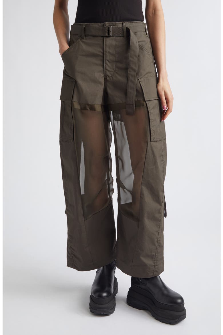Mixed Media Coated Cotton & Chiffon Wide Leg Cargo Pants, Main, color, DARK KHAKI