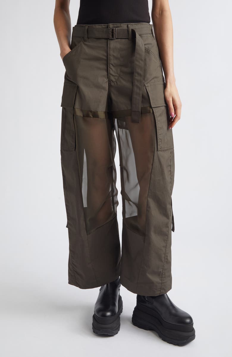 Sacai Mixed Media Coated Cotton & Chiffon Wide Leg Cargo Pants, Main, color, Dark Khaki