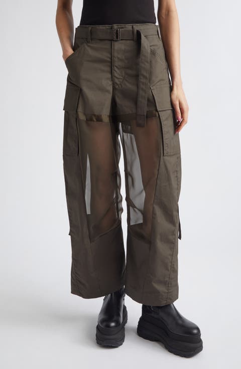Mixed Media Coated Cotton & Chiffon Wide Leg Cargo Pants