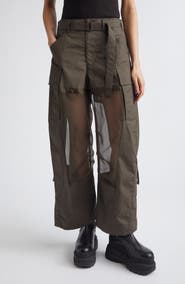 Sacai Mixed Media Coated Cotton & Chiffon Wide Leg Cargo Pants