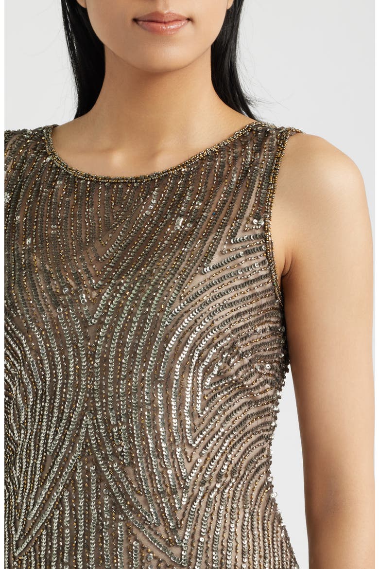 Beaded Sleeveless Cocktail Dress, Alternate, color, MOCHA/ GOLD SILVER