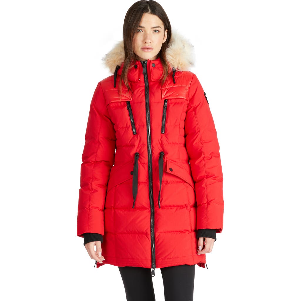 Pajar Alia Mixed Media Quilted Parka With Detachable Hood And Faux Fur Trim In Current Red