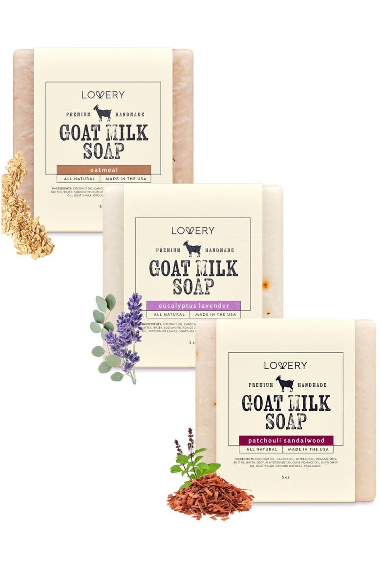 Lovery Handmade Goat Milk Soap Bars Made in USA - Variety Scent - 3 Pack, Main, color, Oatmeal, Lavender, Sandalwood