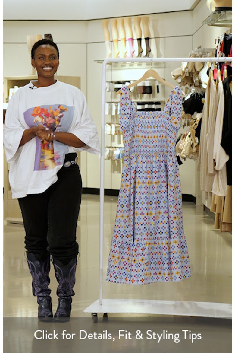 Kessa Geo Print Smocked Sleeveless Midi Dress video