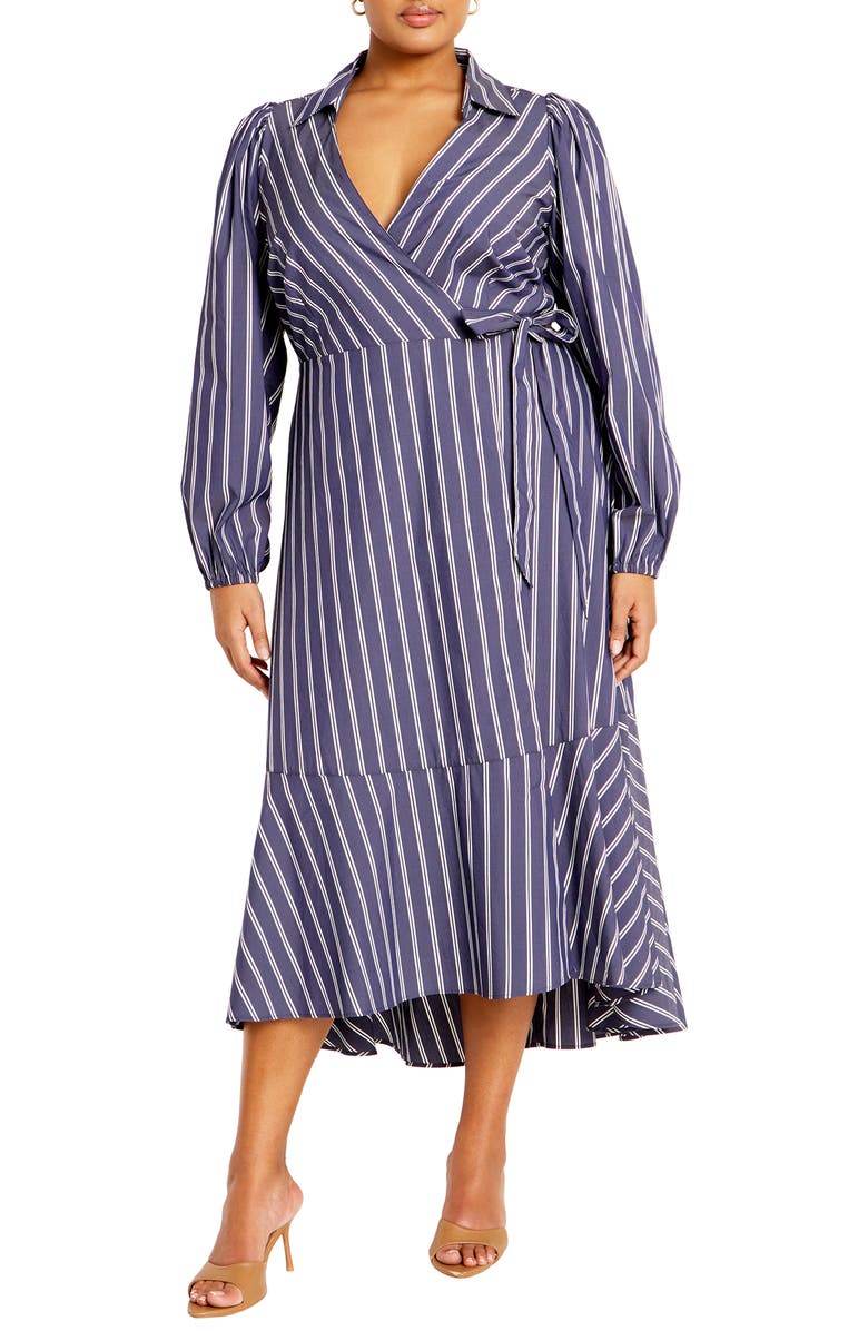 City Chic Selena Long Sleeve Cotton Blend Wrap Dress, Main, color, Navy