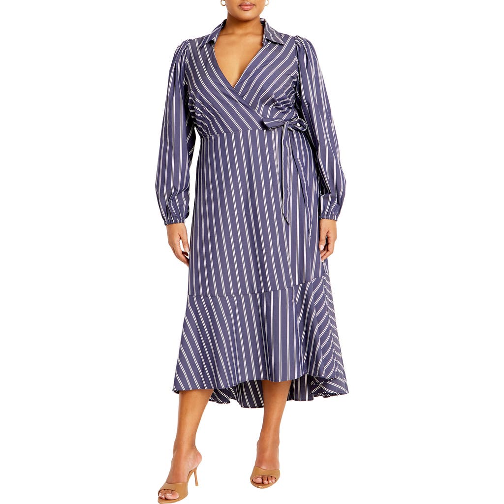 City Chic Brynn Stripe Faux Wrap High Low Dress In Blue