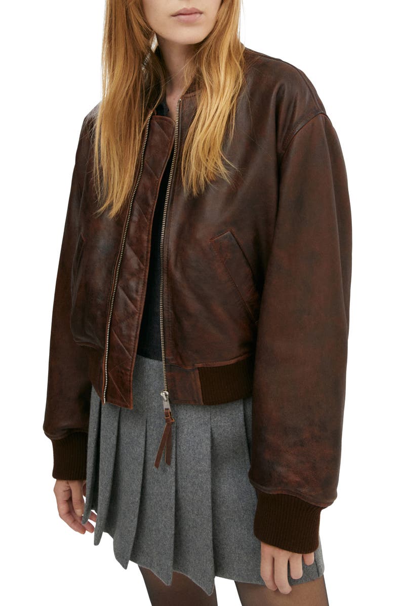 MANGO Leather Bomber Jacket, Main, color, 