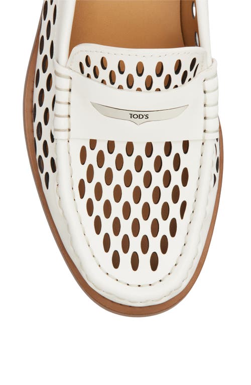 Tod's Perforated Leather Driver Penny Loafers In Bianco Calce