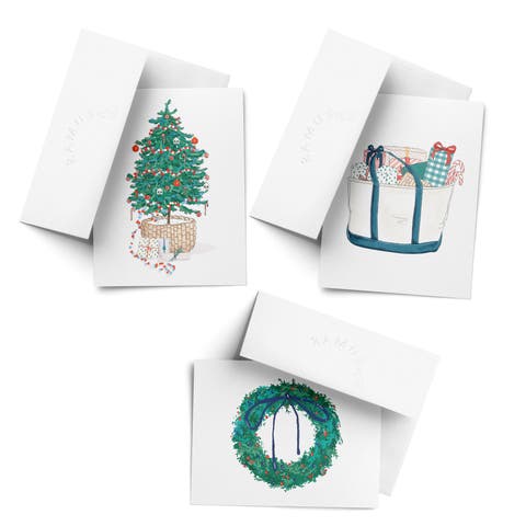 Christmas Tree, Wreath, Tote Bag with Presents Winter/Holiday/Christmas Greeting Card Pack Sets (3 ct, Assorted)
