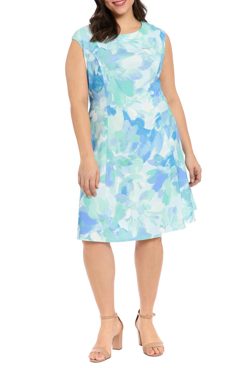 Print Cap Sleeve Midi Dress, Main, color, SAGE/ BLUE
