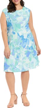 London Times Print Cap Sleeve Midi Dress
