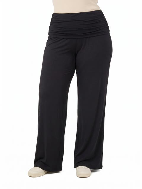 Basic Curvy Soft Stretch Ruched Waist Wide Leg Pants