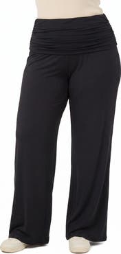 24seven Comfort Apparel Basic Curvy Soft Stretch Ruched Waist Wide Leg Pants