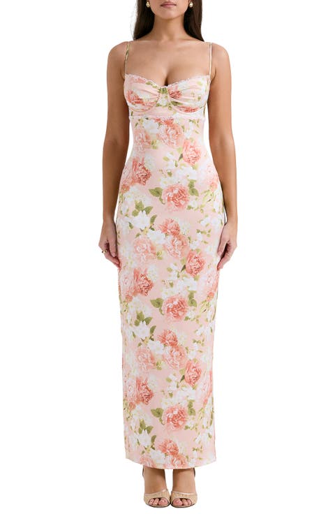 Josefina Floral Bustier Bodice Stretch Satin Body-Con Dress
