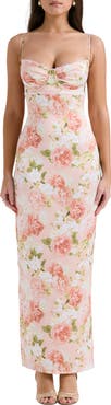 HOUSE OF CB Josefina Floral Bustier Bodice Stretch Satin Body-Con Dress