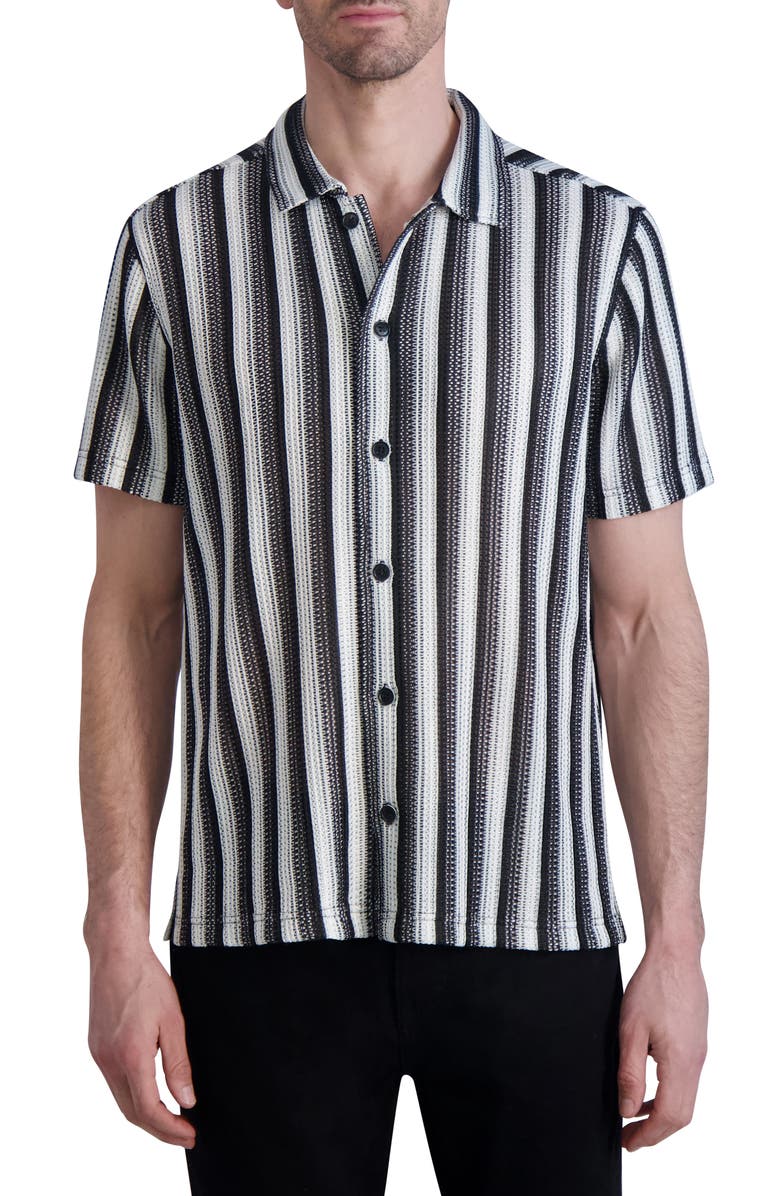 KARL LAGERFELD PARIS Stripe Knit Short Sleeve Button-Up Shirt, Main, color, 
