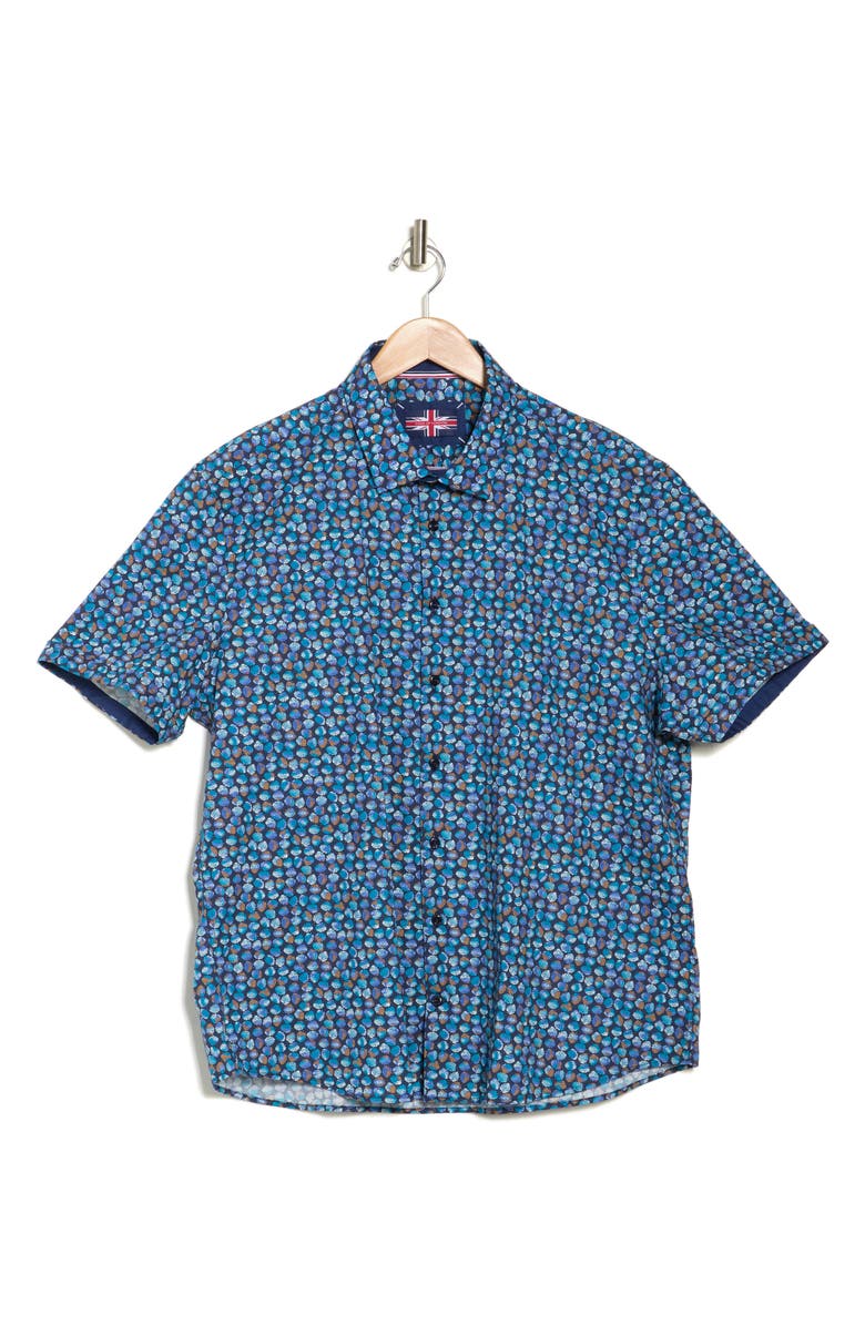 SOUL OF LONDON Palm Print Stretch Cotton Short Sleeve Button-Up Shirt, Main, color, Navy