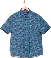 SOUL OF LONDON Palm Print Stretch Cotton Short Sleeve Button-Up Shirt