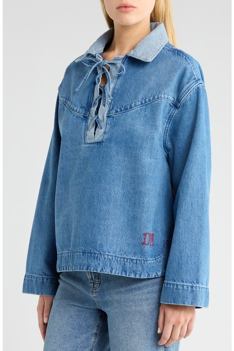 Scarlett Lace-Up Denim Rugby Shirt, Alternate, color, BLUE